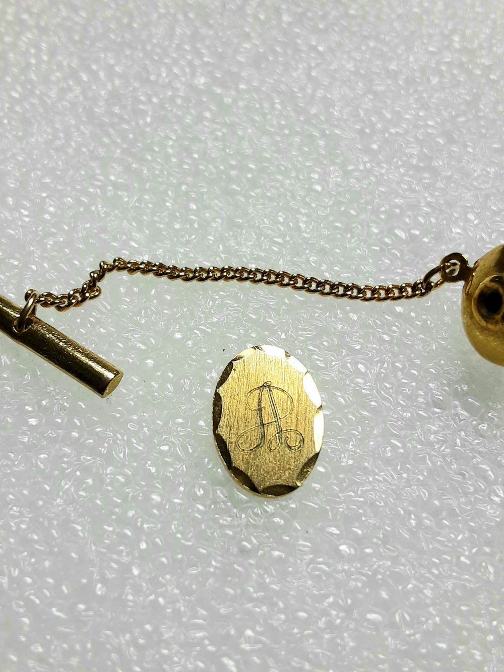 Vintage Tie Tack Oval Pin Brushed and Faceted Gold Tone, Engraved "A"